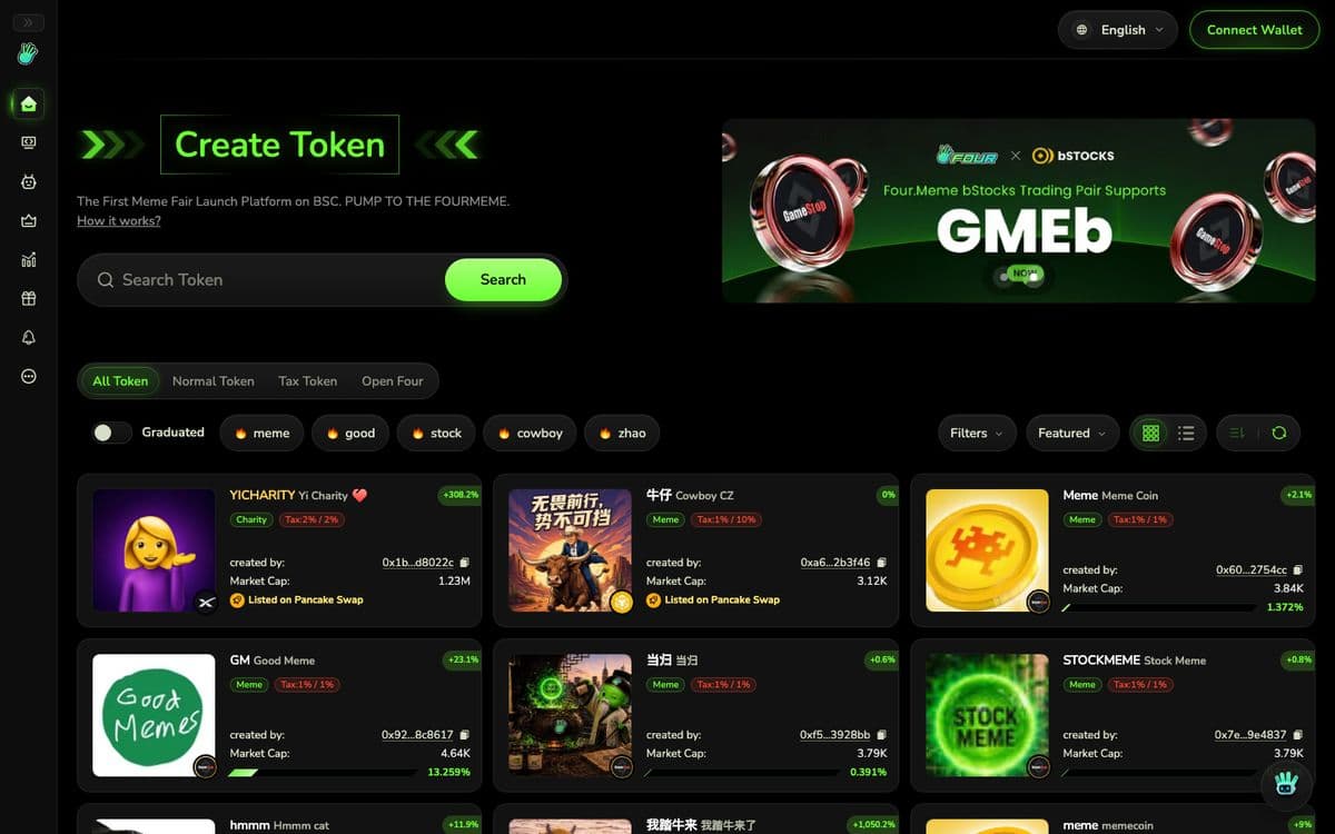 Screenshot of the four.meme web interface