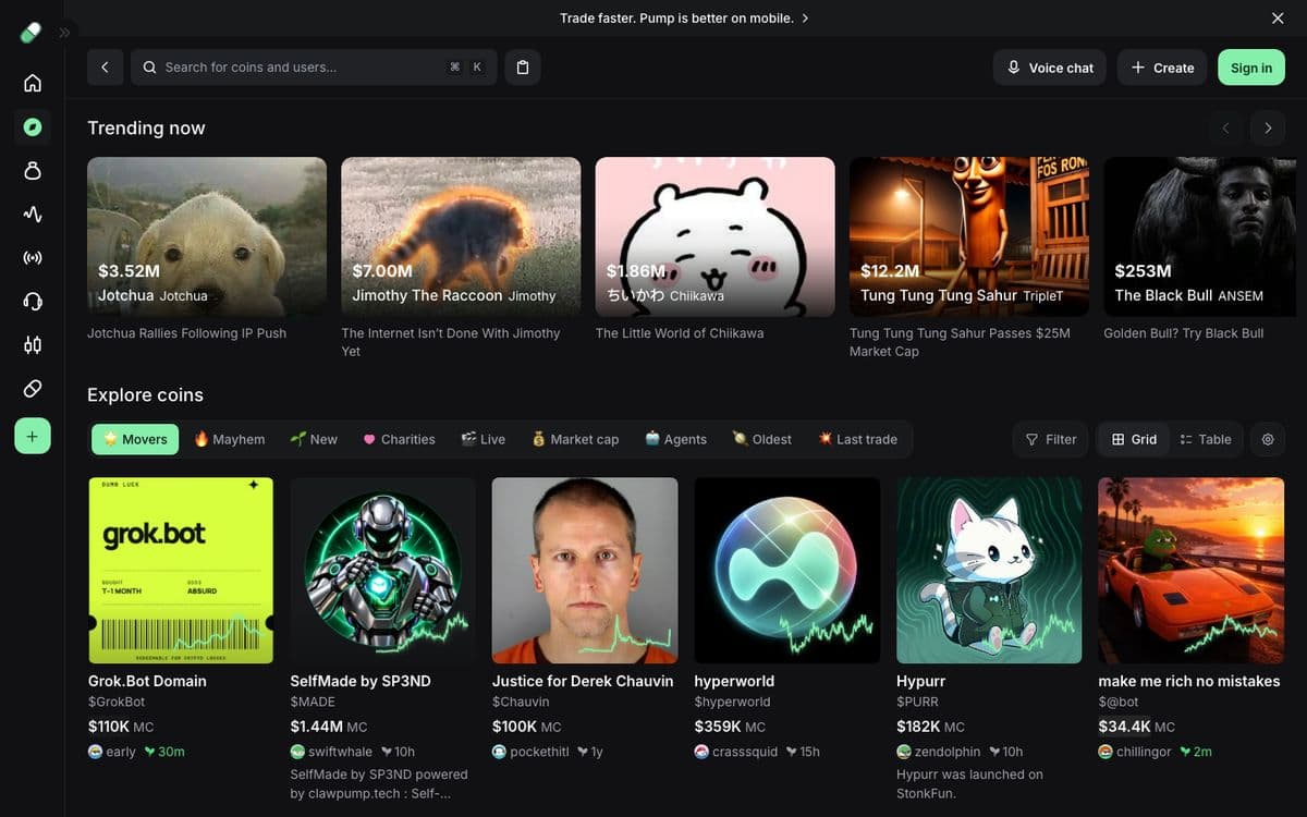 Screenshot of the pump.fun web interface